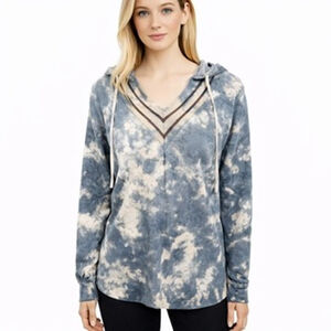 T Party Gray Tie Dye Sweatshirt V-Neck Hoodie Striping Artsy Boho Casual Size L